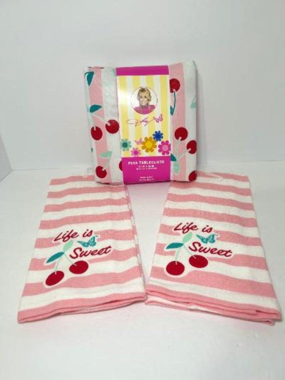 Dolly Parton Sweet Cherry Kitchen Towels PEVA Table Cloth  60 x 84 Set Pink New